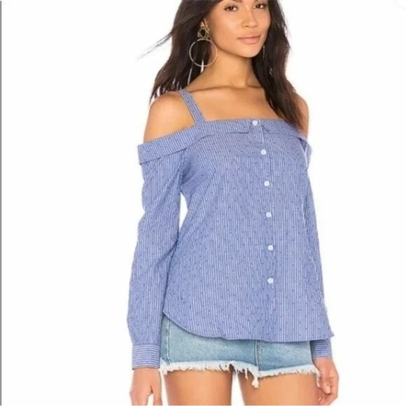 🆕 BCBGENERATION Blue & White Striped Red Dot Cold-Shoulder Shirt XS - Picture 9 of 11